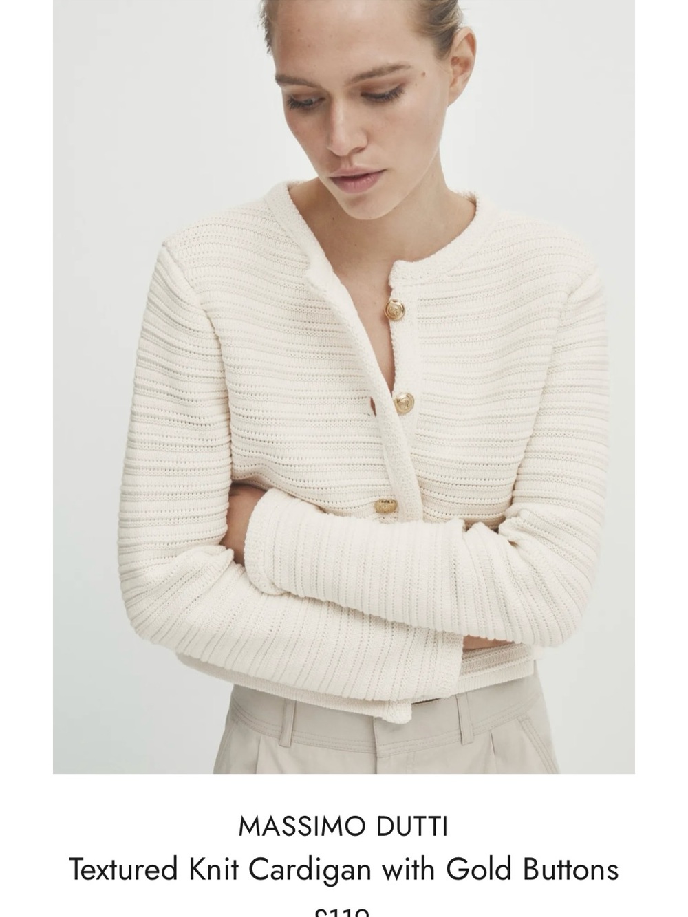 Massimo Dutti Ivory Textured Knit Cardigan with Gold Buttons